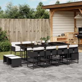 Set comedor de jardín con cojines 13 pzas ratán sintético negro
