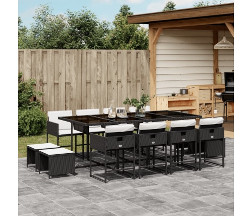 Set comedor de jardín con cojines 13 pzas ratán sintético negro