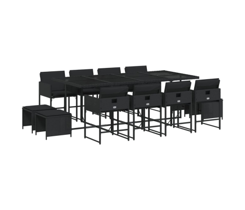 Set comedor de jardín con cojines 13 pzas ratán sintético negro