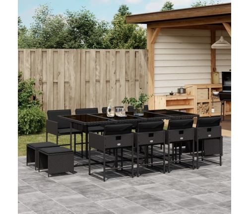 Set comedor de jardín con cojines 13 pzas ratán sintético negro