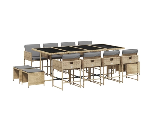Set comedor de jardín con cojines 13 pzas ratán sintético beige