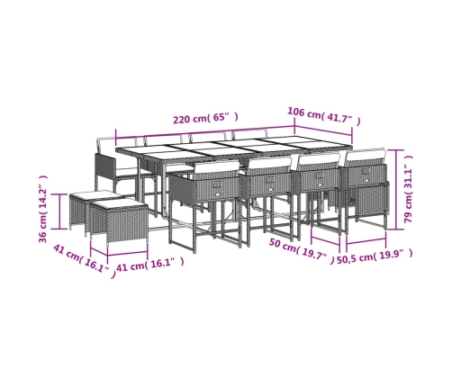 Set comedor de jardín con cojines 13 pzas ratán sintético beige