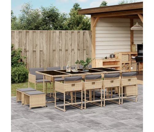 Set comedor de jardín con cojines 13 pzas ratán sintético beige