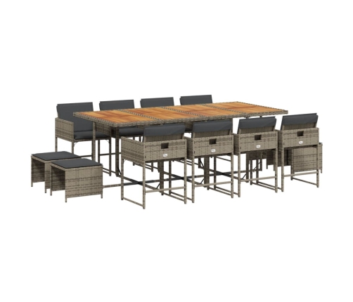 Set comedor de jardín con cojines 13 pzas ratán sintético gris