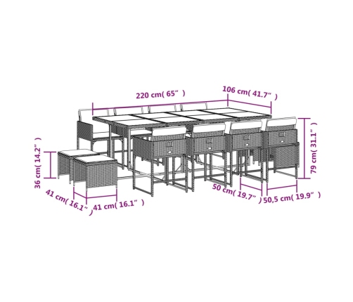 Set comedor de jardín con cojines 13 pzas ratán sintético gris