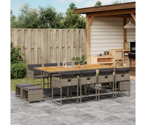 Set comedor de jardín con cojines 13 pzas ratán sintético gris