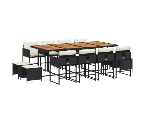 Set comedor de jardín con cojines 13 pzas ratán sintético negro