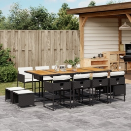 Set comedor de jardín con cojines 13 pzas ratán sintético negro