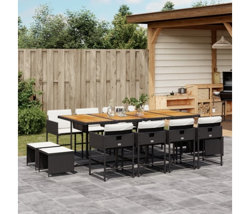 Set comedor de jardín con cojines 13 pzas ratán sintético negro