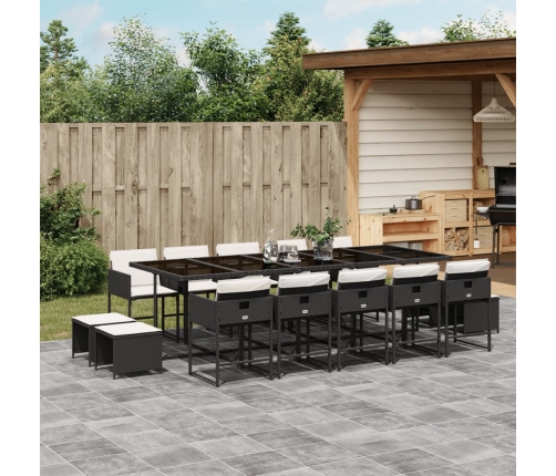 Set comedor de jardín con cojines 15 pzas ratán sintético negro