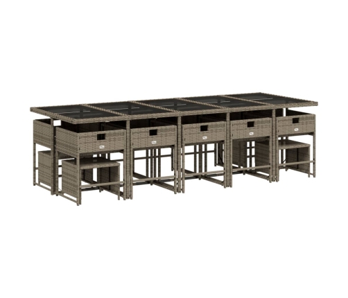 Set comedor de jardín con cojines 15 pzas ratán sintético gris