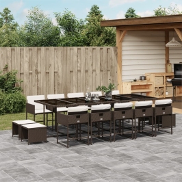 Set comedor de jardín y cojines 15 pzas ratán sintético marrón