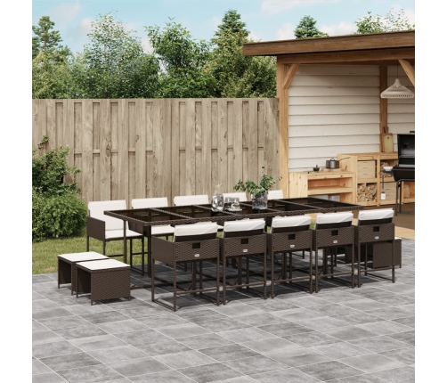 Set comedor de jardín y cojines 15 pzas ratán sintético marrón