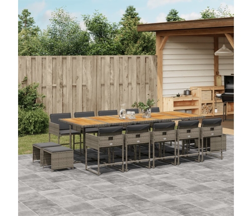 Set comedor de jardín con cojines 15 pzas ratán sintético gris