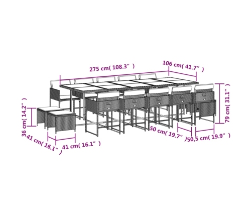 Set comedor de jardín con cojines 15 pzas ratán sintético negro
