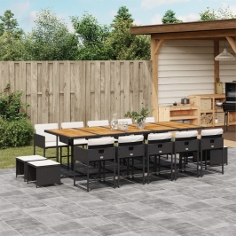 Set comedor de jardín con cojines 15 pzas ratán sintético negro