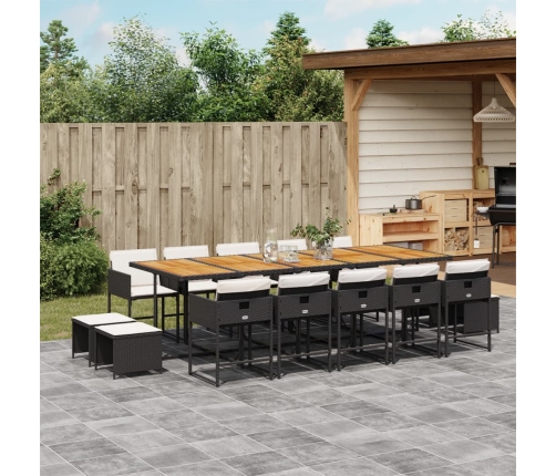 Set comedor de jardín con cojines 15 pzas ratán sintético negro