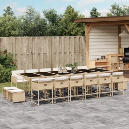 Set comedor de jardín 17 pzas con cojines ratán sintético beige