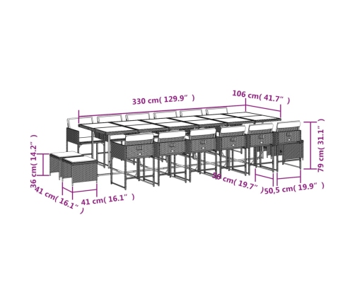 Set comedor jardín y cojines 17 pzas ratán sintético gris claro