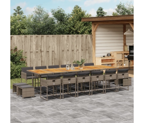 Set comedor de jardín 17 pzas y cojines ratán sintético gris