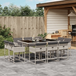 Set de comedor de jardín 11 pzas y cojines ratán sintético gris