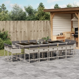 Set comedor jardín y cojines 15 pzas ratán sintético gris claro