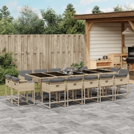Set comedor de jardín con cojines 15 pzas ratán sintético beige