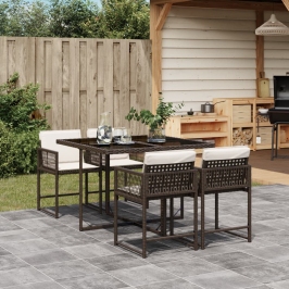 Set comedor de jardín 5 piezas y cojines ratán sintético marrón
