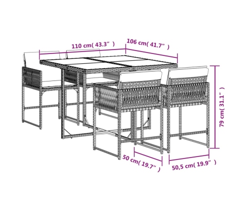 Set comedor de jardín 5 pzas con cojines ratán sintético beige