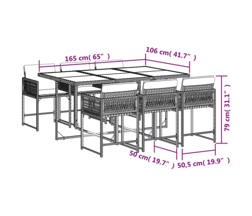 Set comedor de jardín 7 pzas con cojines ratán sintético marrón