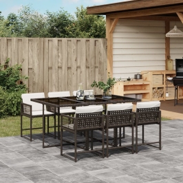 Set comedor de jardín 7 pzas con cojines ratán sintético marrón