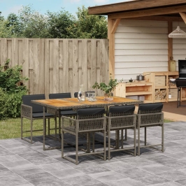 Set comedor jardín 7 pzas y cojines ratán sintético gris