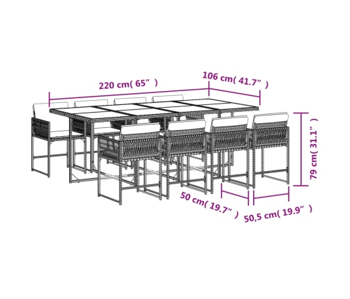 Set comedor jardín 9 pzas y cojines ratán sintético gris