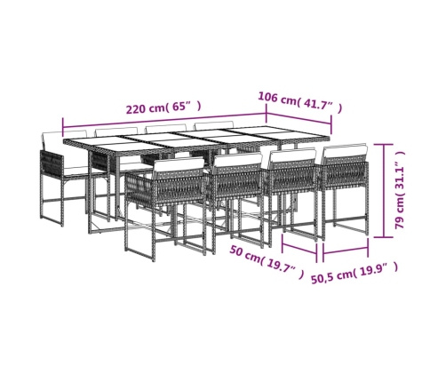 Set comedor para jardín 9 pzas y cojines ratán sintético marrón