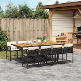 Set de comedor de jardín 9 pzas y cojines ratán sintético negro