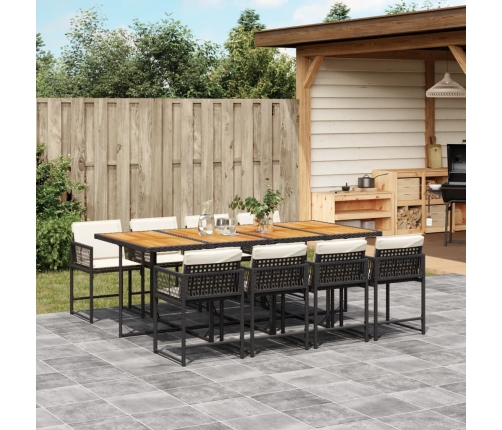Set de comedor de jardín 9 pzas y cojines ratán sintético negro