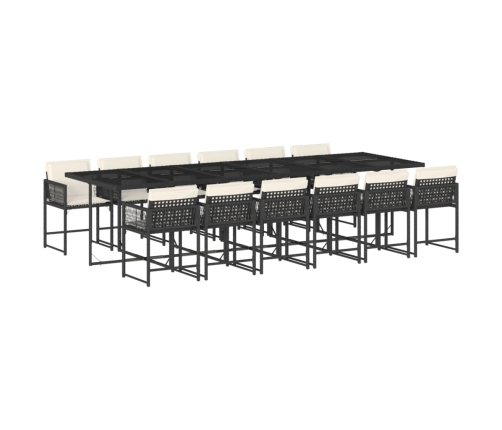 Set comedor de jardín con cojines 13 pzas ratán sintético negro