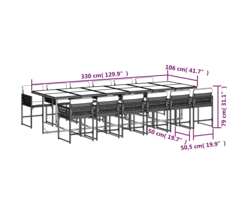 Set comedor de jardín con cojines 13 pzas ratán sintético negro