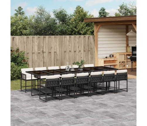 Set comedor de jardín con cojines 13 pzas ratán sintético negro