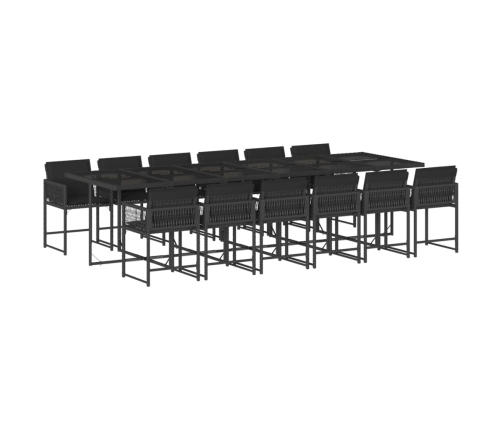 Set comedor de jardín con cojines 13 pzas ratán sintético negro