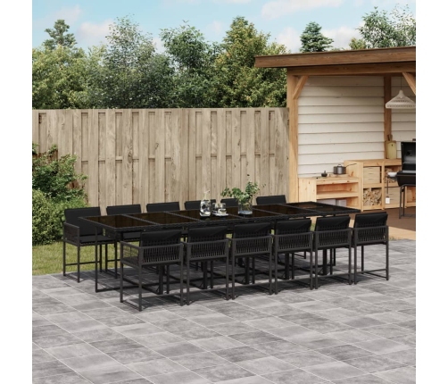 Set comedor de jardín con cojines 13 pzas ratán sintético negro