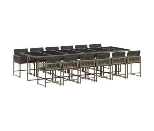 Set comedor de jardín con cojines 13 pzas ratán sintético gris