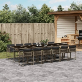 Set comedor de jardín con cojines 13 pzas ratán sintético gris