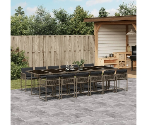 Set comedor de jardín con cojines 13 pzas ratán sintético gris