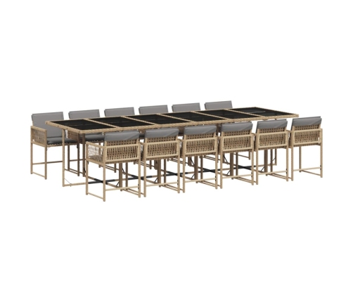 Set comedor de jardín con cojines 13 pzas ratán sintético beige