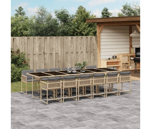 Set comedor de jardín con cojines 13 pzas ratán sintético beige