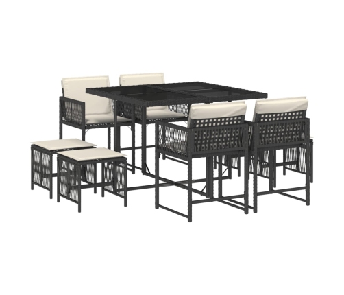 Set de comedor de jardín 9 pzas y cojines ratán sintético negro