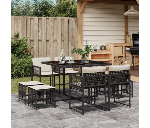 Set de comedor de jardín 9 pzas y cojines ratán sintético negro