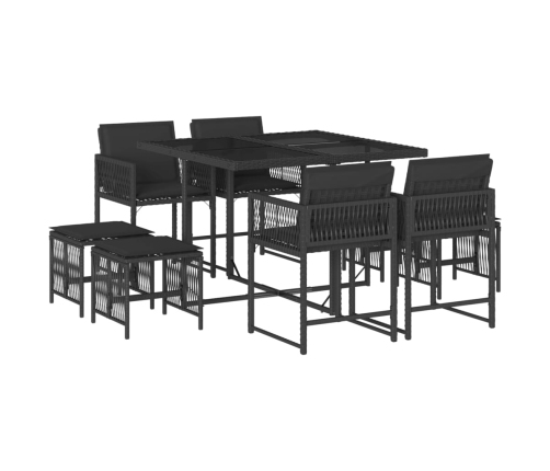 Set de comedor de jardín 9 pzas y cojines ratán sintético negro