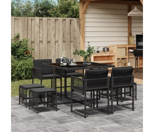 Set de comedor de jardín 9 pzas y cojines ratán sintético negro
